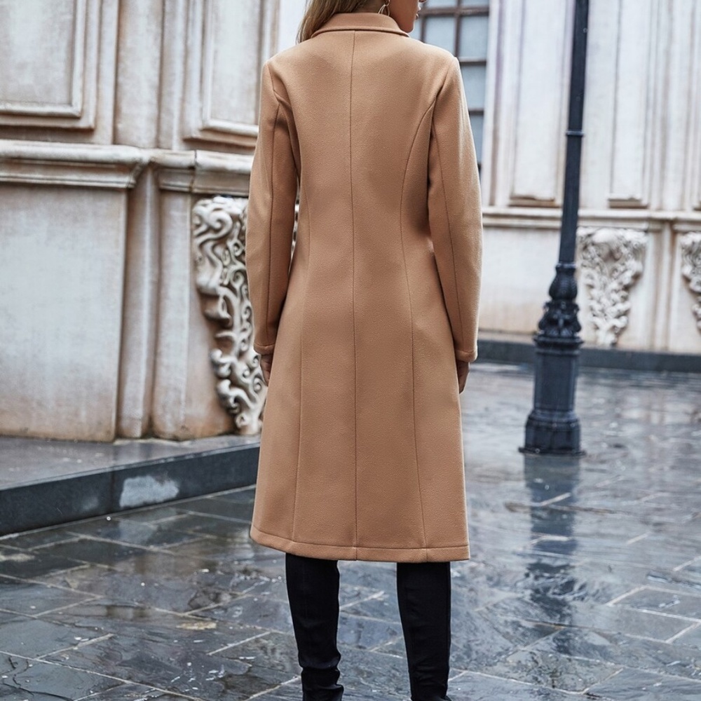 Cozy Camel Button Trench Pea Coat Belted Jacket - Picture 4 of 5